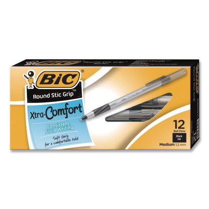 BIC® Round Stic Grip Xtra Comfort Ballpoint Pen, Easy-Glide System, Stick, Medium 1.2 mm, Black Ink, Silver-Gray Barrel, Dozen (BICGSMG11BKCT)