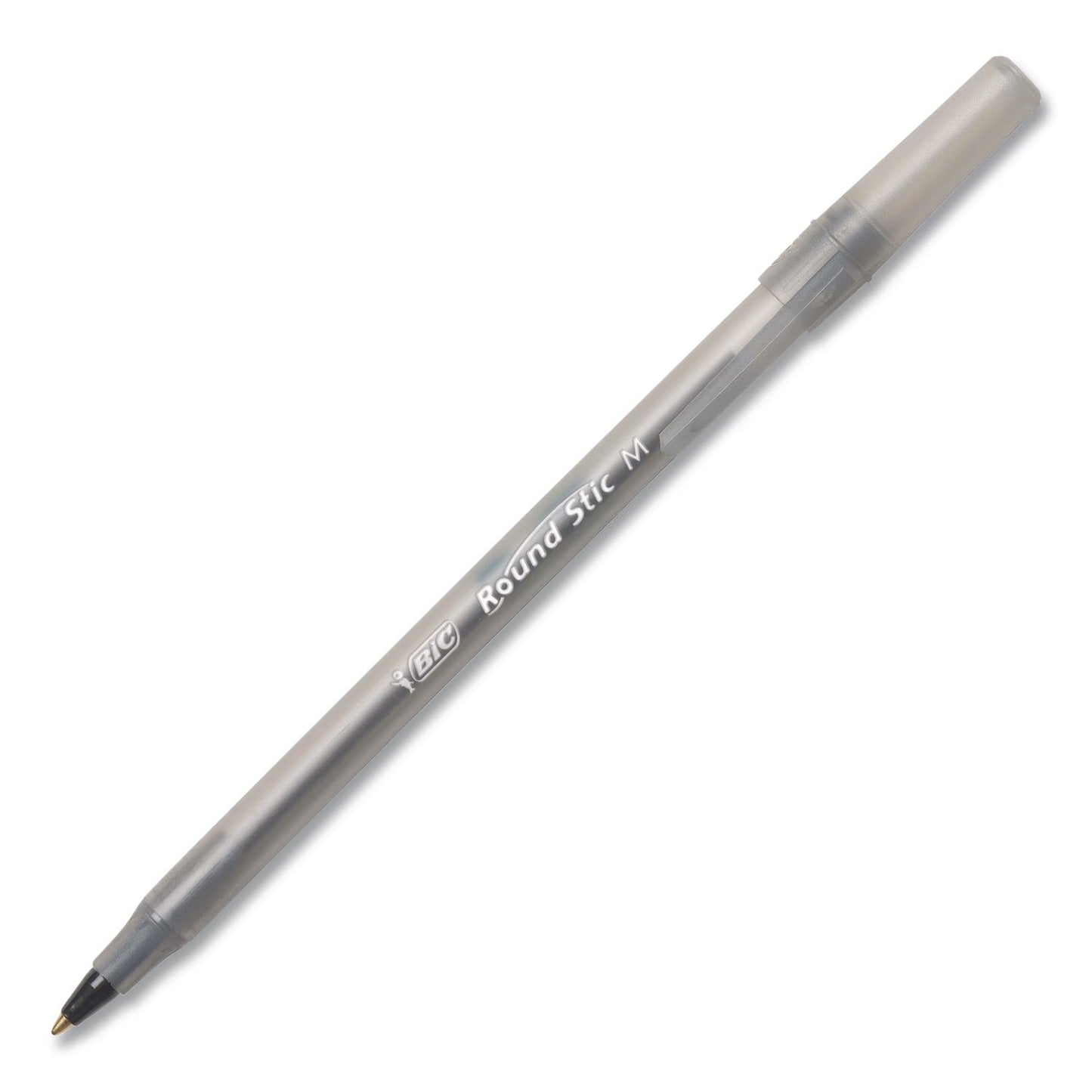 BIC® Round Stic Grip Xtra Comfort Ballpoint Pen, Easy-Glide System, Stick, Medium 1.2 mm, Black Ink, Silver-Gray Barrel, Dozen (BICGSMG11BKCT)