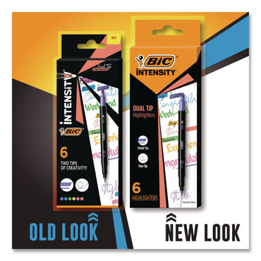 BIC® Intensity Dual-Tip Highlighters, Assorted Ink Colors, Chisel/Needle Tips, Black Barrel, 6/Pack (BICHLPDT6AST)