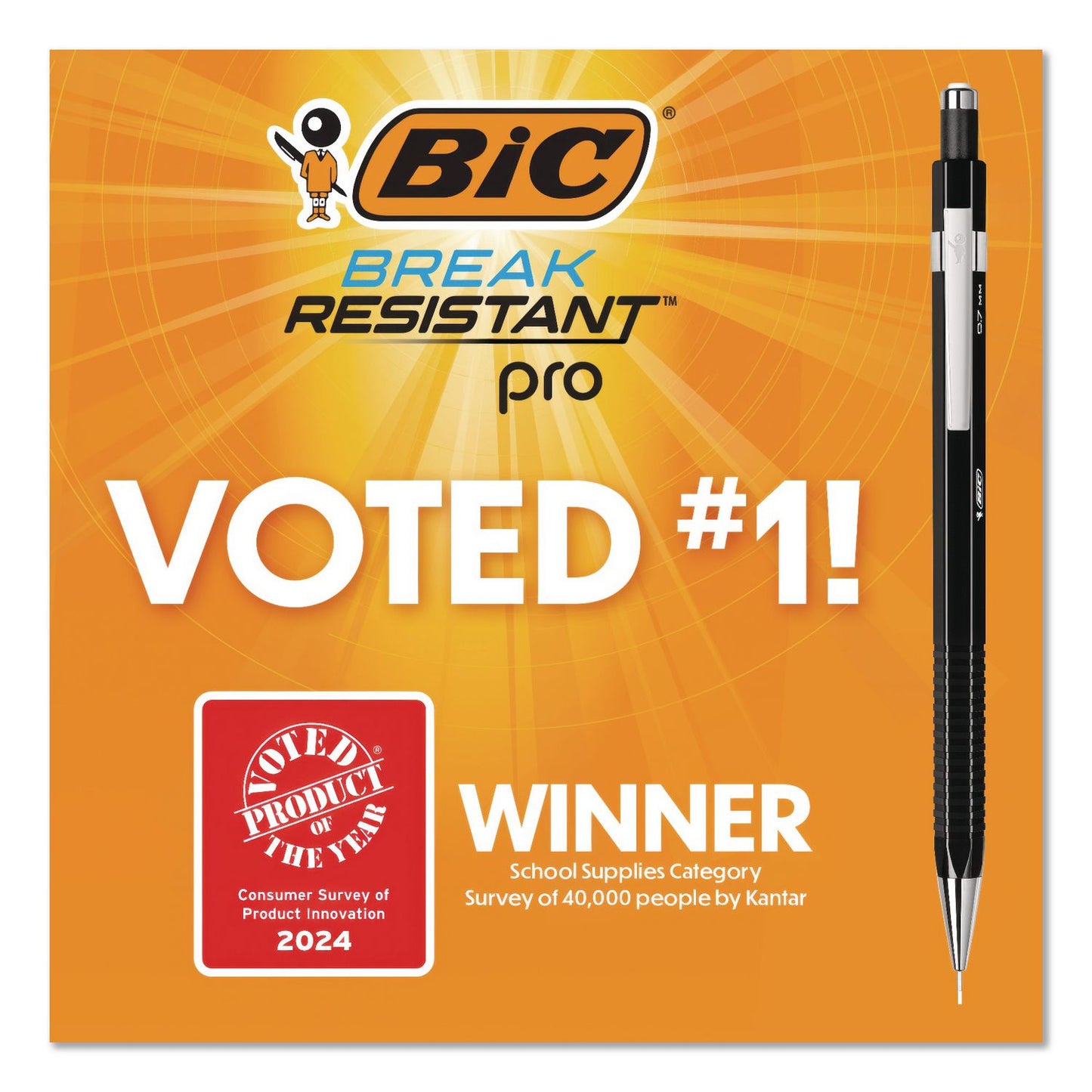 BIC® Break Resistant Pro Mechanical Pencils, 0.7 mm, HB (#2), Black Lead, Black Barrel (BICMVR7P1BLK)