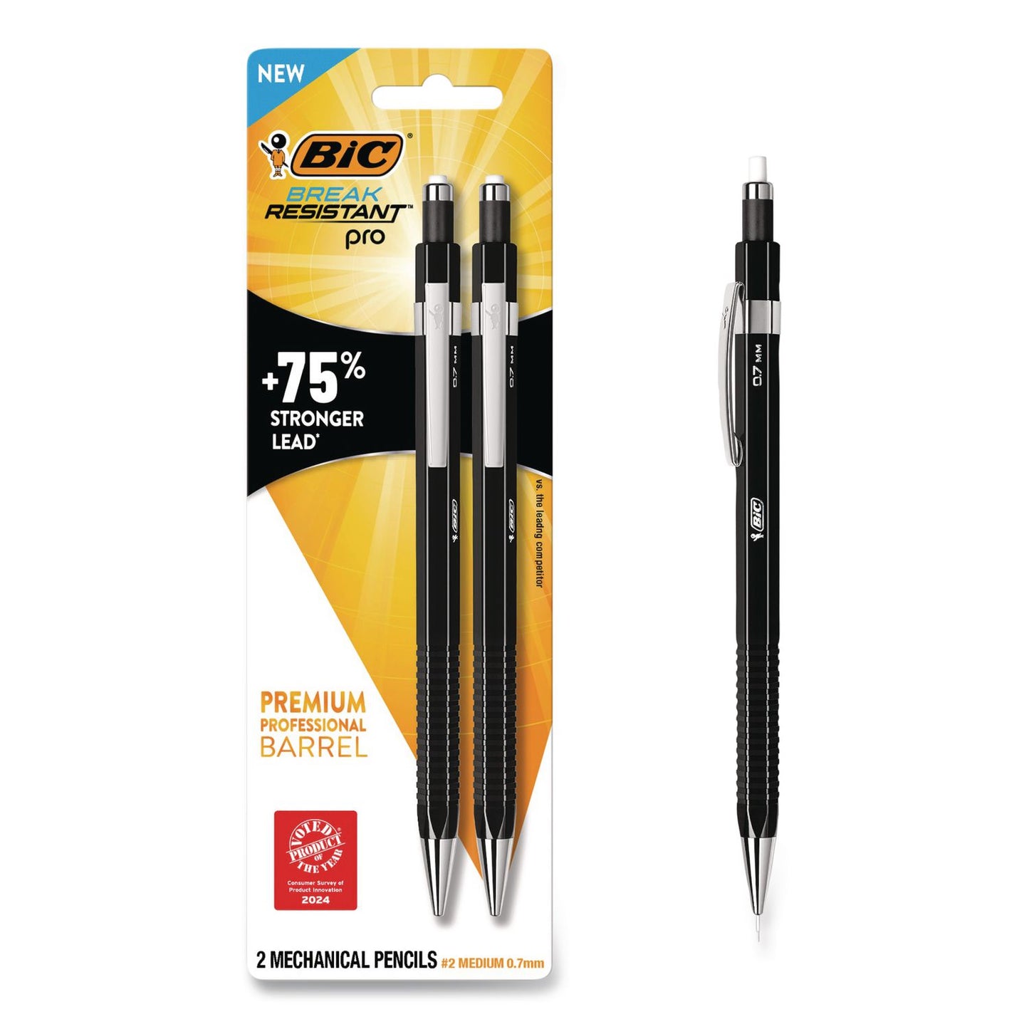 BIC® Break Resistant Pro Mechanical Pencils, 0.7 mm, HB (#2), Black Lead, Black Barrel, 2/Pack (BICMVR7P2BLK)