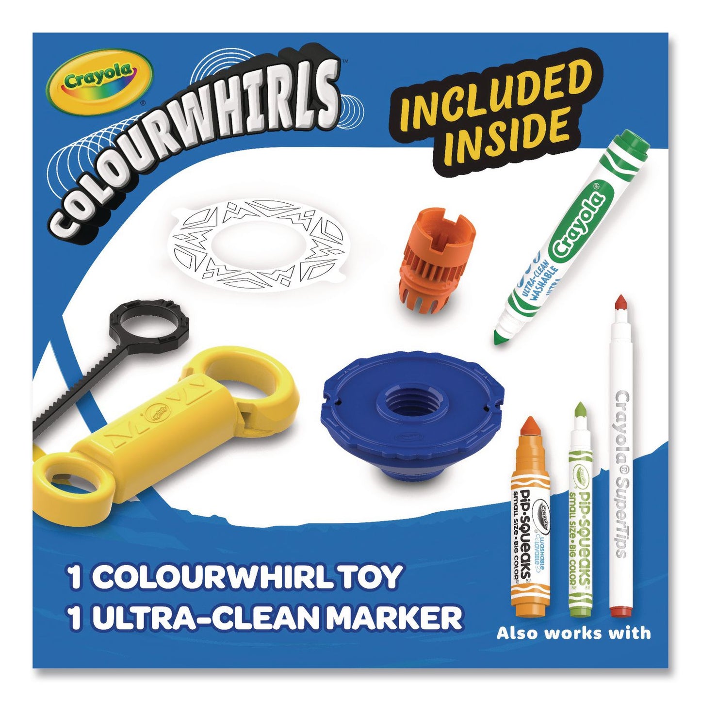 Crayola® Colourwhirls Toy with (1) Rip-Cord Spinner and (1) Ultra-Clean Washable Marker, Ages 6 and Up, 4 Pieces (CYO747645)