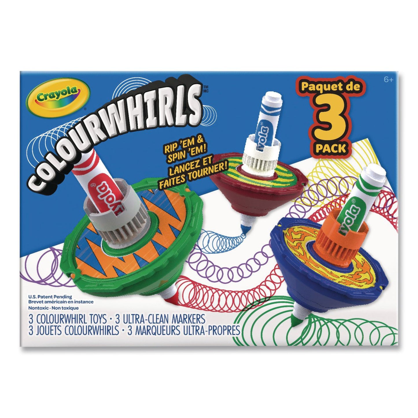 Crayola® Colourwhirls Toy with (3) Rip-Cord Spinners and (3) Ultra-Clean Washable Markers, Ages 6 and Up, 12 Pieces (CYO747647)