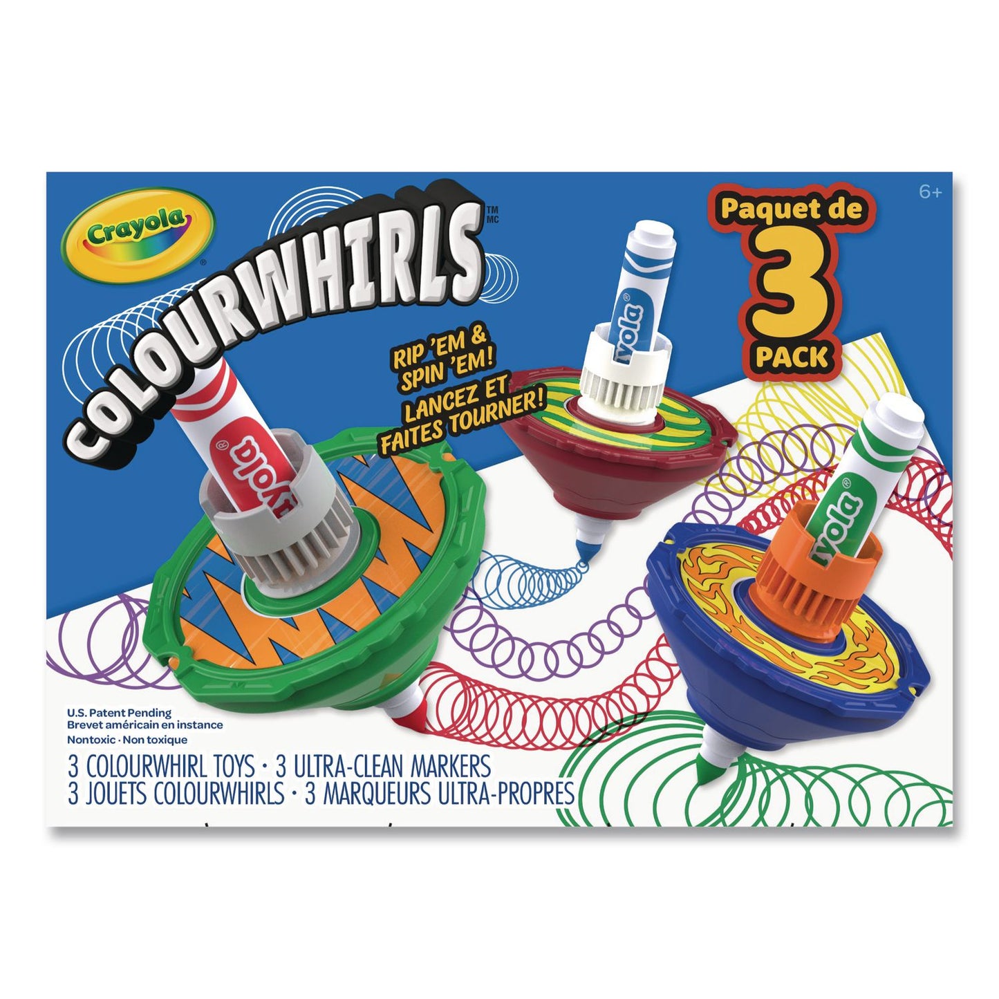 Crayola® Colourwhirls Toy with (3) Rip-Cord Spinners and (3) Ultra-Clean Washable Markers, Ages 6 and Up, 12 Pieces (CYO747647)