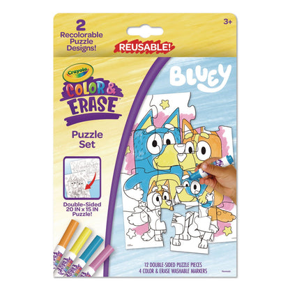 Crayola® Bluey Color and Erase Reusable Puzzle Set with (12) Two-Sided Puzzle Pieces and (4) Markers, Ages 3 and Up, 16 Pieces (CYO811552)