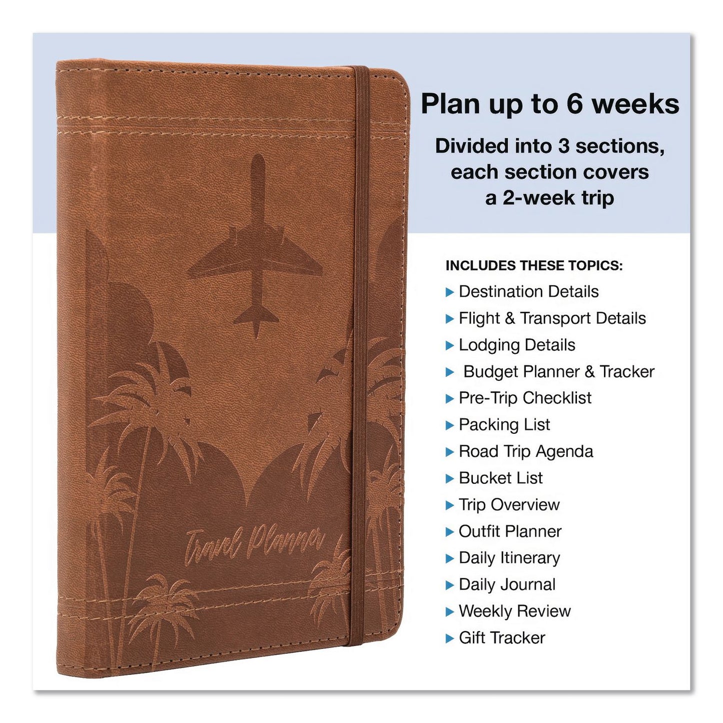Global Printed Products Travel Planner, Three Two Week Trips: 14 Subsections/Trip, Tropical Flight Artwork, 7 x 5, Distressed Brown Cover, Undated (GPUGPP0119A)