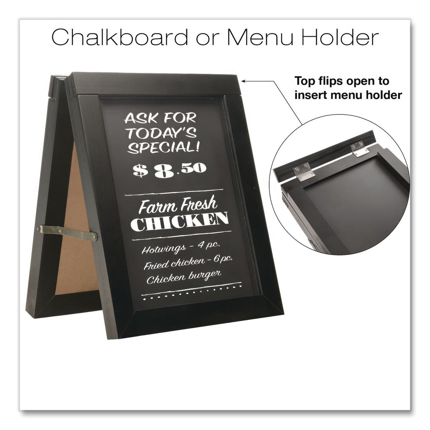 Excello Global Products® Double Sided A-Frame Chalkboard and Menu Holder, Black/Clear 8.5 x 11 Surface, Black Frame, 11 x 14 (GPUMENUAFRAME)