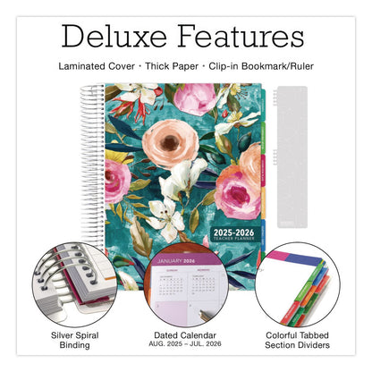 Global Printed Products Deluxe Teal Floral Weekly/Monthly Lesson Planner, 7 Classes, Multicolor Cover, 11 x 8.5, 13-Month: Aug 2025 to Aug 2026 (GPUNAD26DTP17)