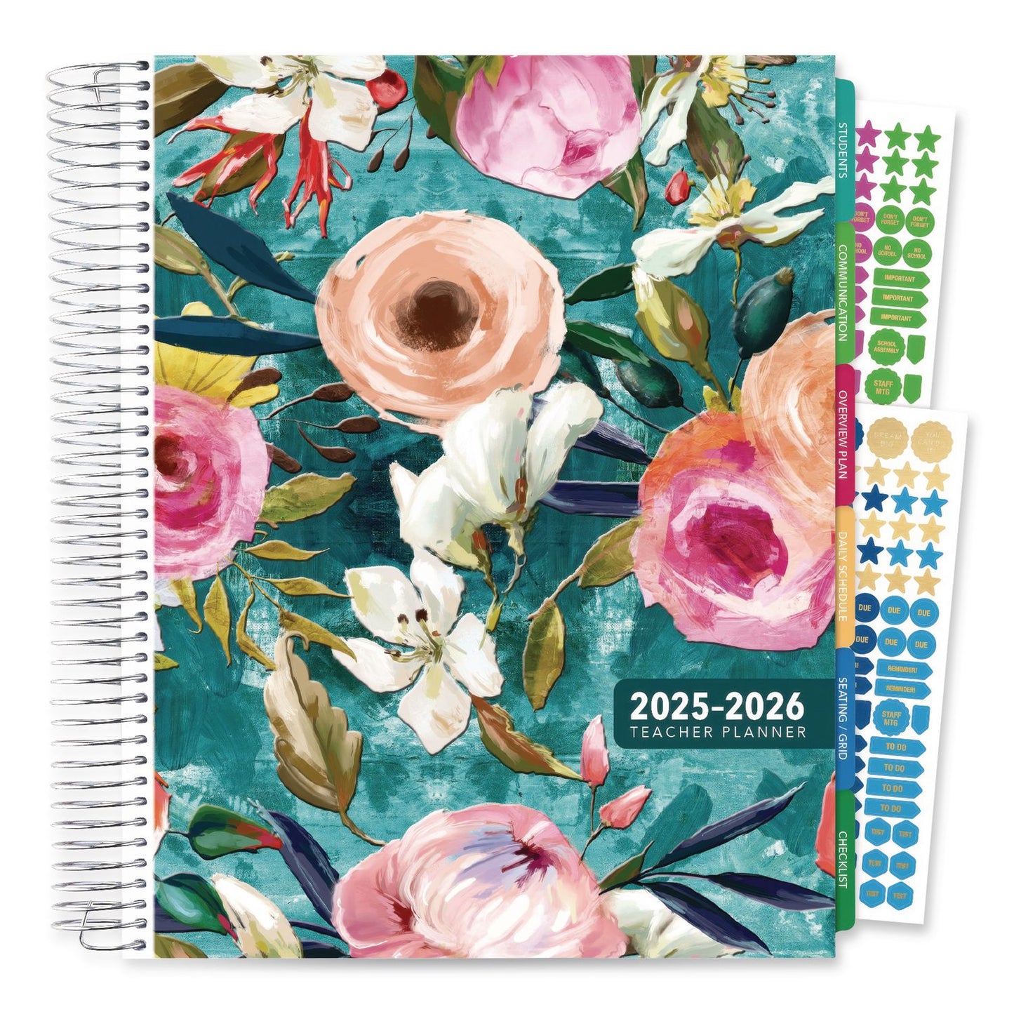 Global Printed Products Deluxe Teal Floral Weekly/Monthly Lesson Planner, 7 Classes, Multicolor Cover, 11 x 8.5, 13-Month: Aug 2025 to Aug 2026 (GPUNAD26DTP17)