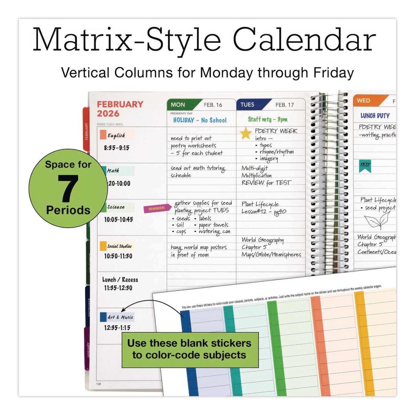 Global Printed Products Deluxe Seasons Tree Weekly/Monthly Lesson Planner, 7 Classes, Multicolor Cover, 11 x 8.5, 13-Month: Aug 2025 to Aug 2026 (GPUNAD26DTP20)