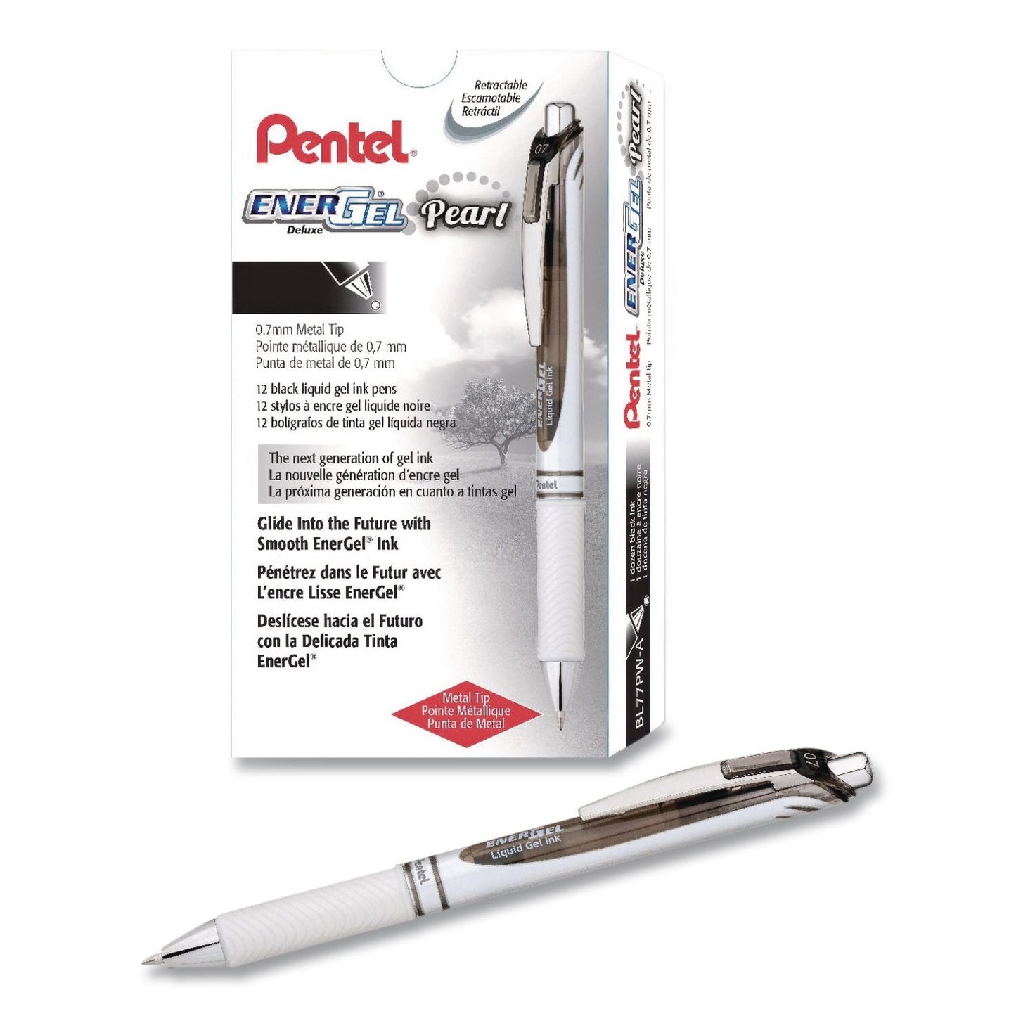 Pentel® EnerGel Pearl Deluxe RTX Gel Pen, Retractable, Medium 0.7 mm, Black Ink, Pearl White/Smoke Barrel, Dozen (PENBL77PWADZ)