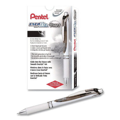 Pentel® EnerGel Pearl Deluxe RTX Gel Pen, Retractable, Medium 0.7 mm, Black Ink, Pearl White/Smoke Barrel, Dozen (PENBL77PWADZ)