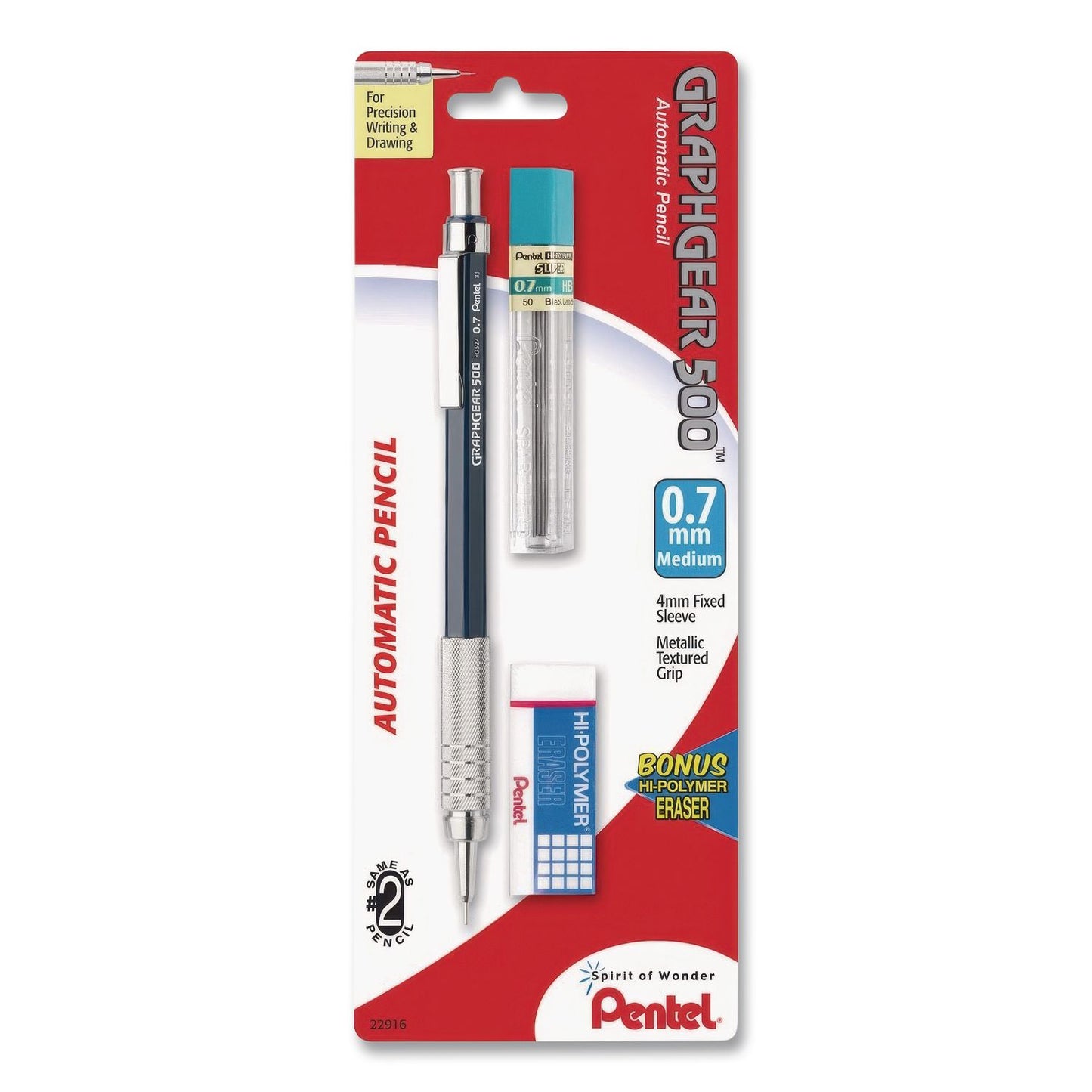 Pentel® GraphGear 500 Mechanical Drafting Pencil, 0.7 mm, HB (#2), Black Lead, Black/Silver Barrel (PENPG527LEBPEA)