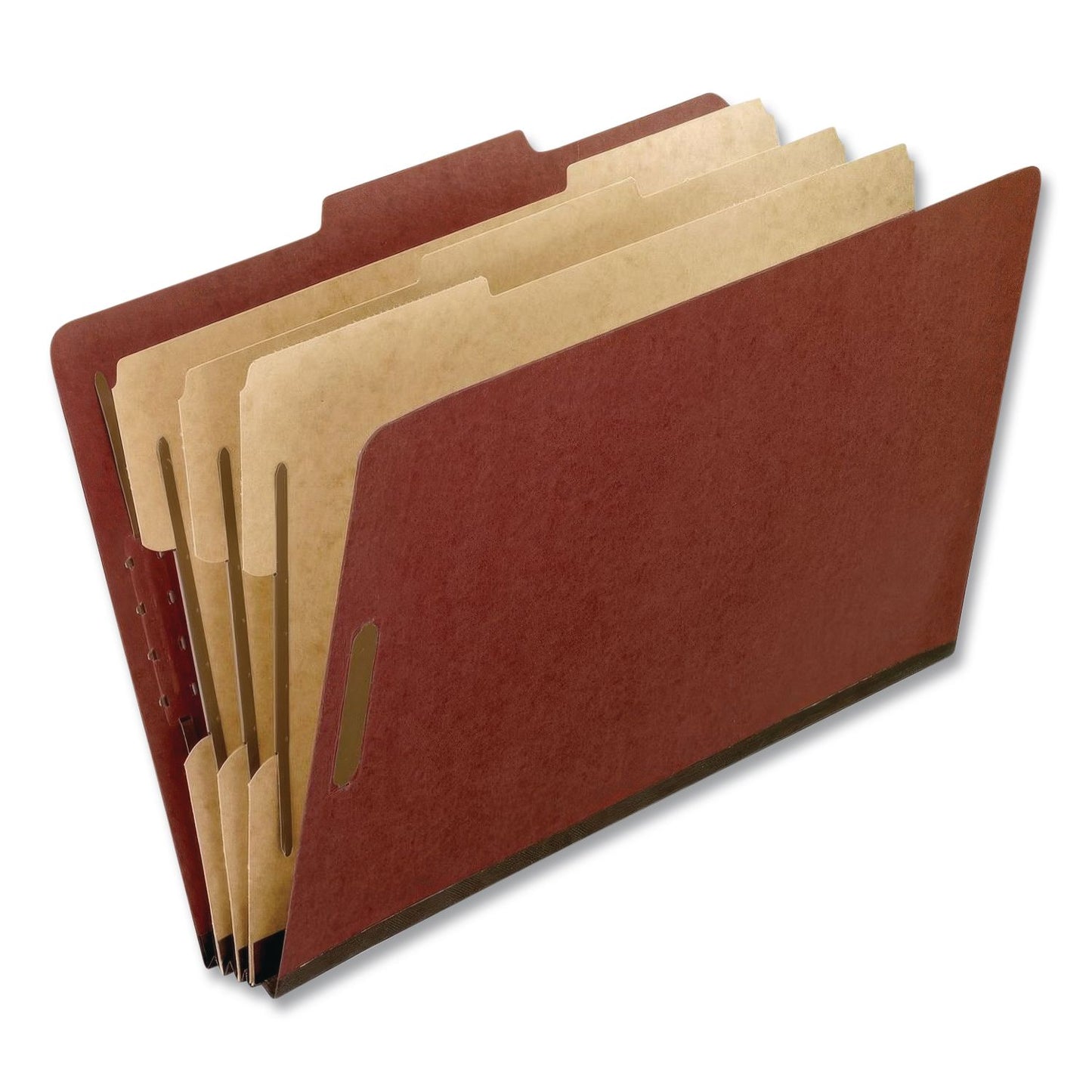 Pendaflex® Heavy-Duty Pressboard Classification Folder, 2/5-Cut Tab, Expands 2", 3 Dividers, 8 Fasteners, Legal Size, Brick Red, 10/Box (PFX2357R)