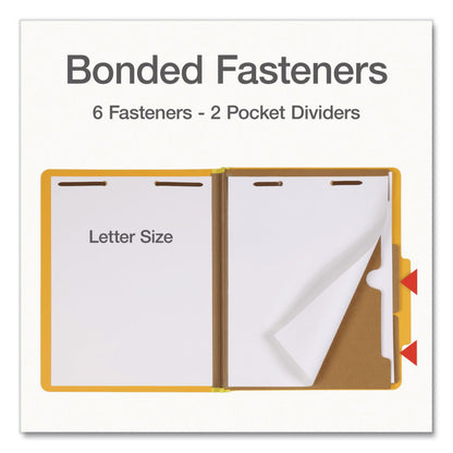 Pendaflex® Heavy-Duty Pressboard Classification Folder, Expands 2", 2 Full-Pocket Dividers, 6 Fasteners, Letter Size, Yellow, 10/Box (PFX1006942)