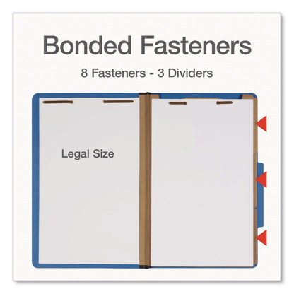 Pendaflex® Heavy-Duty Pressboard Classification Folder, 2/5-Cut Tab: Right, Expands 3", 3 Dividers, 8 Fasteners, Legal Size, Blue, 10/BX (PFX1006944)
