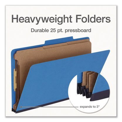 Pendaflex® Heavy-Duty Pressboard Classification Folder, 2/5-Cut Tab: Right, Expands 3", 3 Dividers, 8 Fasteners, Legal Size, Blue, 10/BX (PFX1006944)
