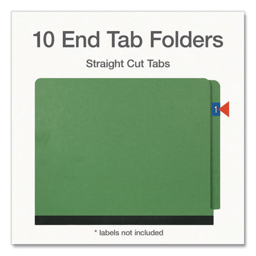 Pendaflex® Heavy-Duty Pressboard End Tab Classification Folders, Expands 2", 2 Dividers, 6 Fasteners, Letter Size, Green, 10/Box (PFX1006948)
