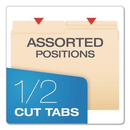 Pendaflex® Reinforced Top File Folders, 1/2-Cut Tabs: Assorted Positions, Letter Size, Manila, 100/Box (PFXR75212)