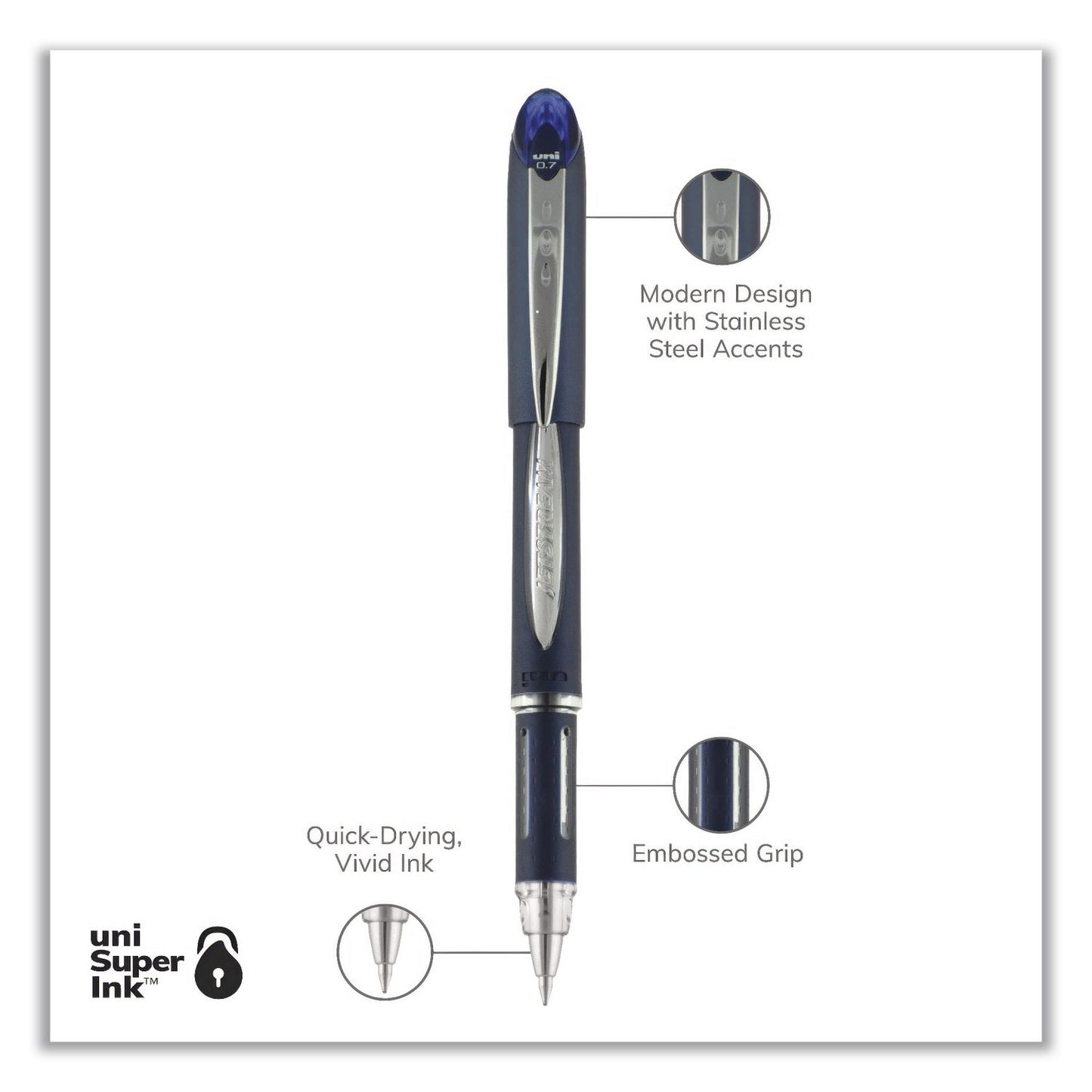 uniball® Jetstream Form-Fitting Comfort Grip Hybrid Gel Pen, Stick, Fine 0.7 mm, Blue Ink, Black/Silver/Blue Barrel, Dozen (UBC40174DZ)