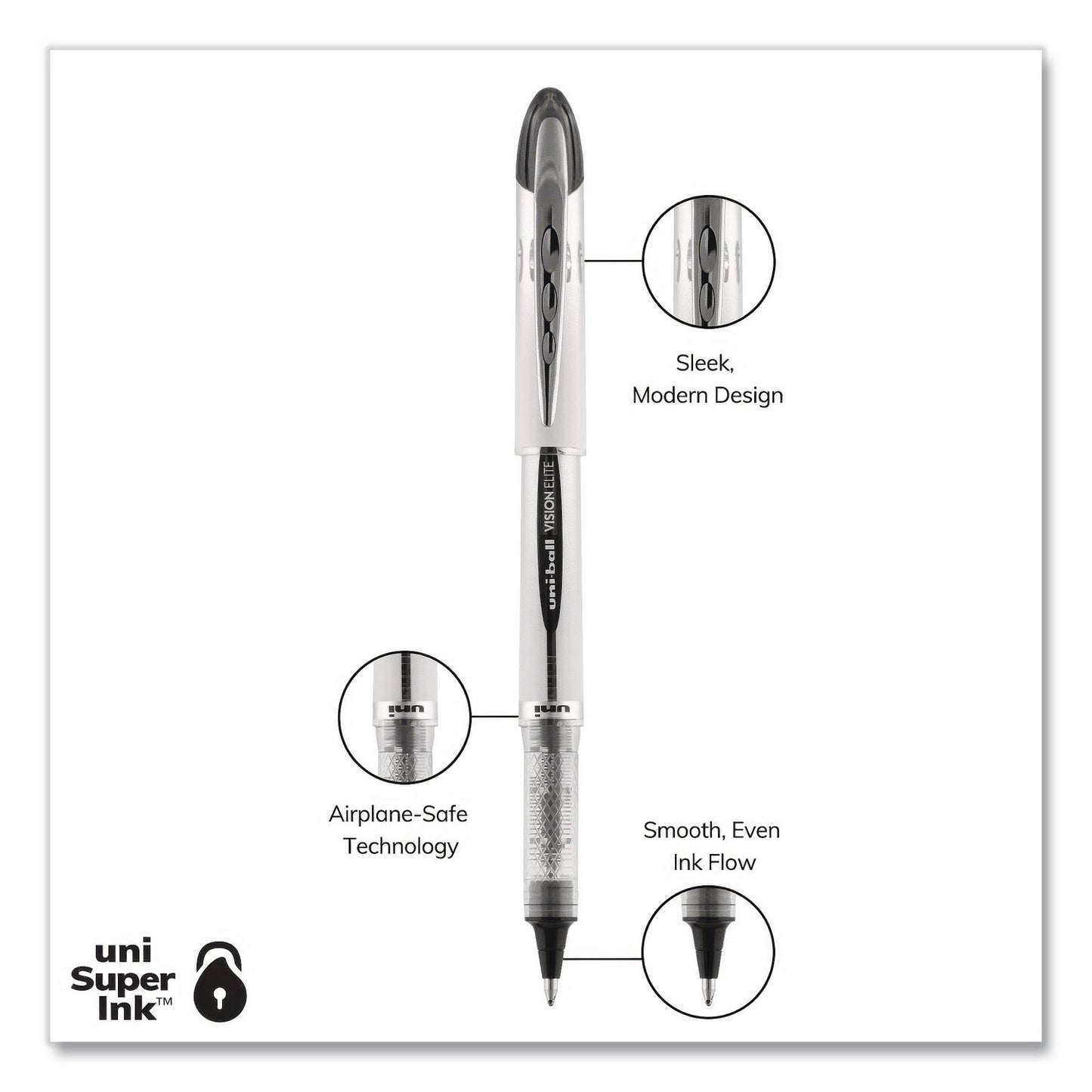 uniball® VISION ELITE Rollerball Pen, Stick, Bold 0.8 mm, Black Ink, White/Black/Clear Barrel, Dozen (UBC61231DZ)