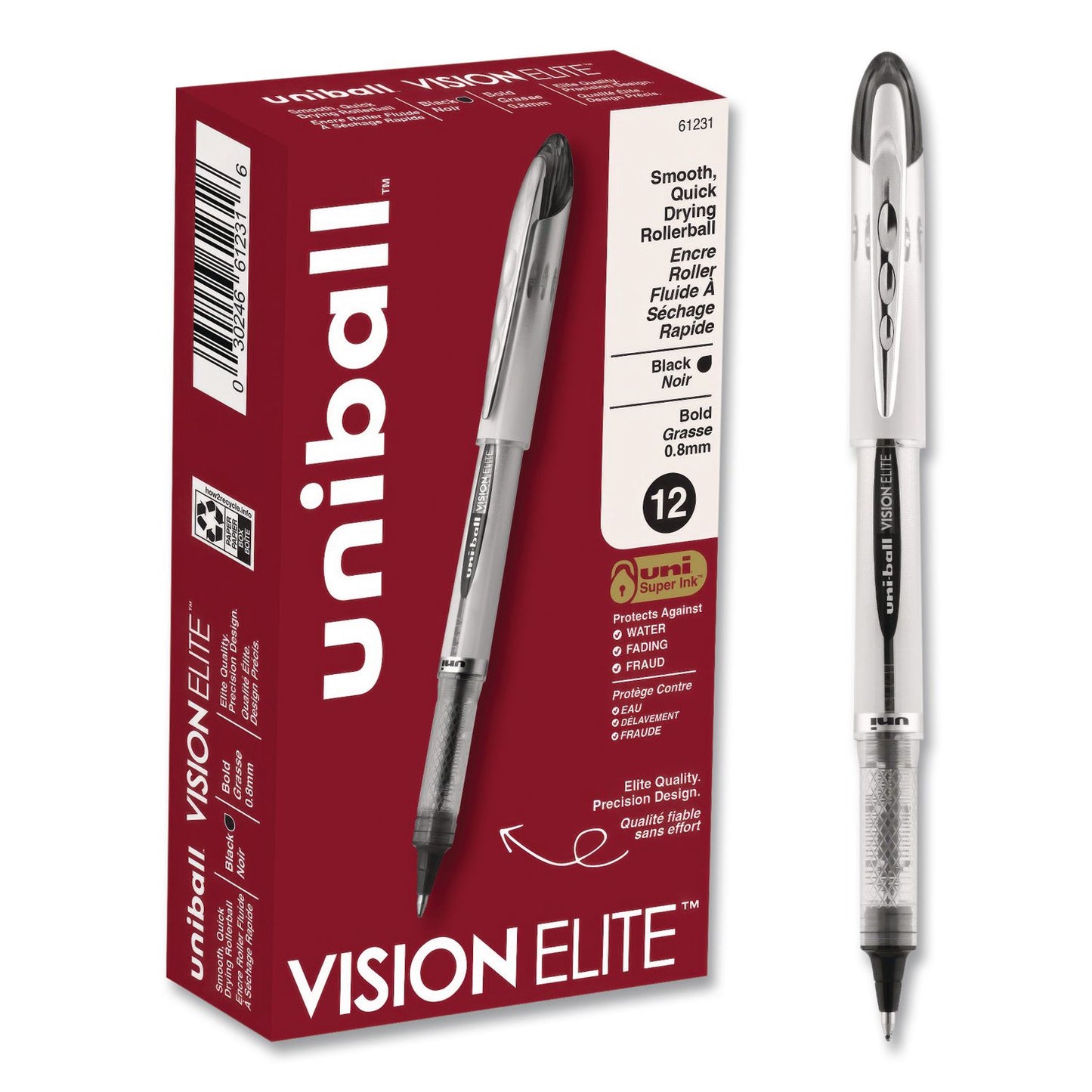uniball® VISION ELITE Rollerball Pen, Stick, Bold 0.8 mm, Black Ink, White/Black/Clear Barrel, Dozen (UBC61231DZ)