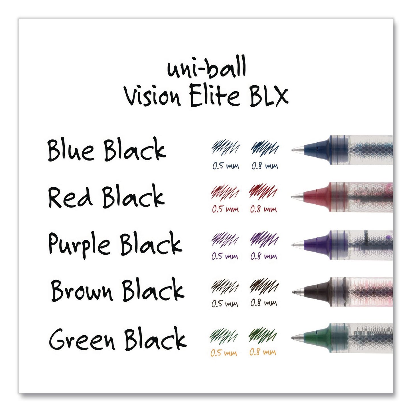 uniball® VISION ELITE BLX Series Rollerball Pen, Stick, Bold 0.8 mm, Blue-Infused Black Ink, White/Blue/Clear Barrel, Dozen (UBC61232DZ)