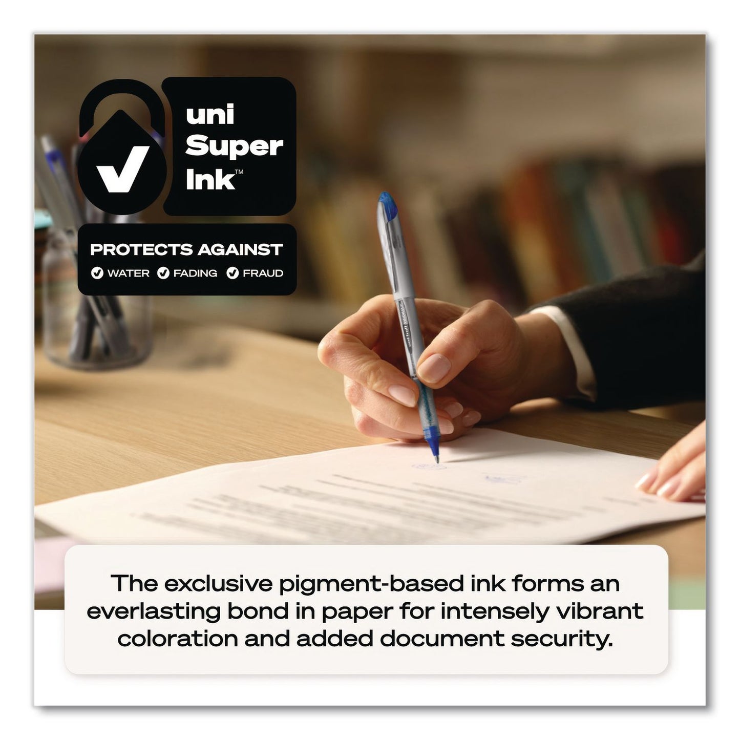 uniball® VISION ELITE BLX Series Rollerball Pen, Stick, Bold 0.8 mm, Blue-Infused Black Ink, White/Blue/Clear Barrel, Dozen (UBC61232DZ)