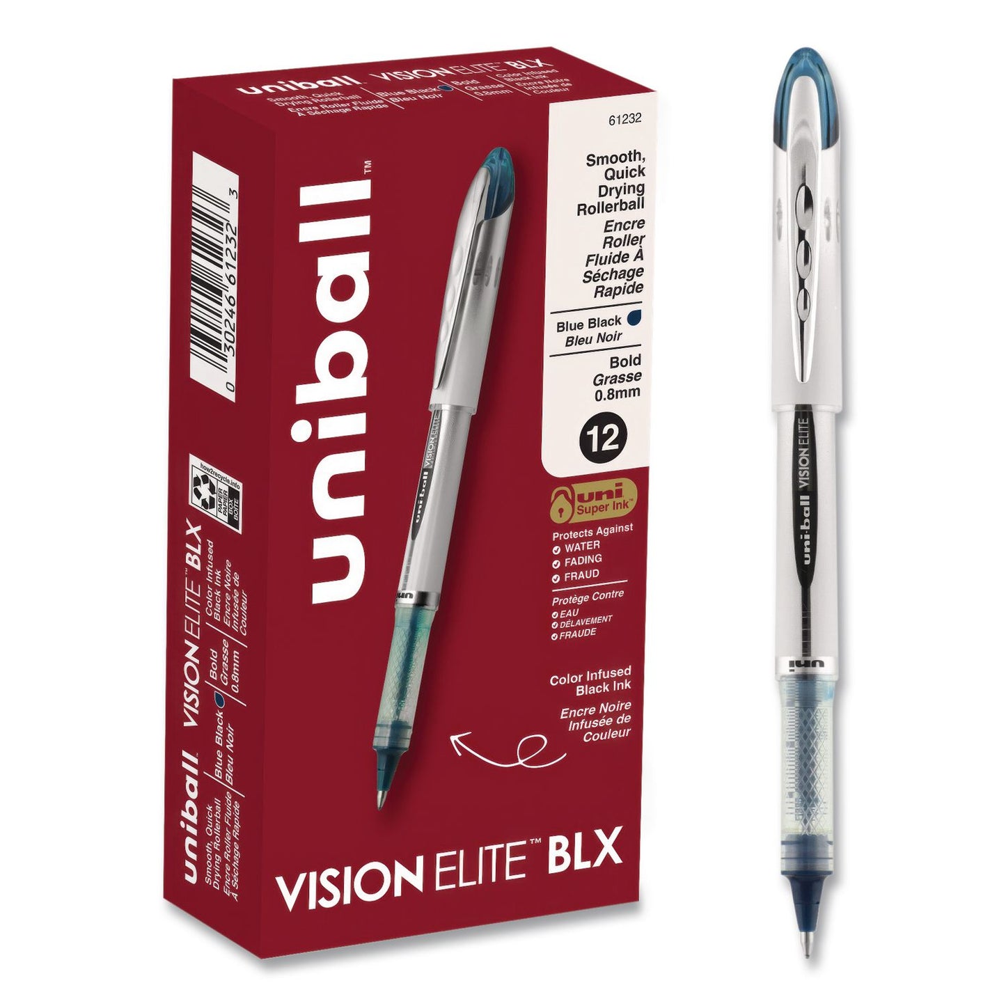 uniball® VISION ELITE BLX Series Rollerball Pen, Stick, Bold 0.8 mm, Blue-Infused Black Ink, White/Blue/Clear Barrel, Dozen (UBC61232DZ)