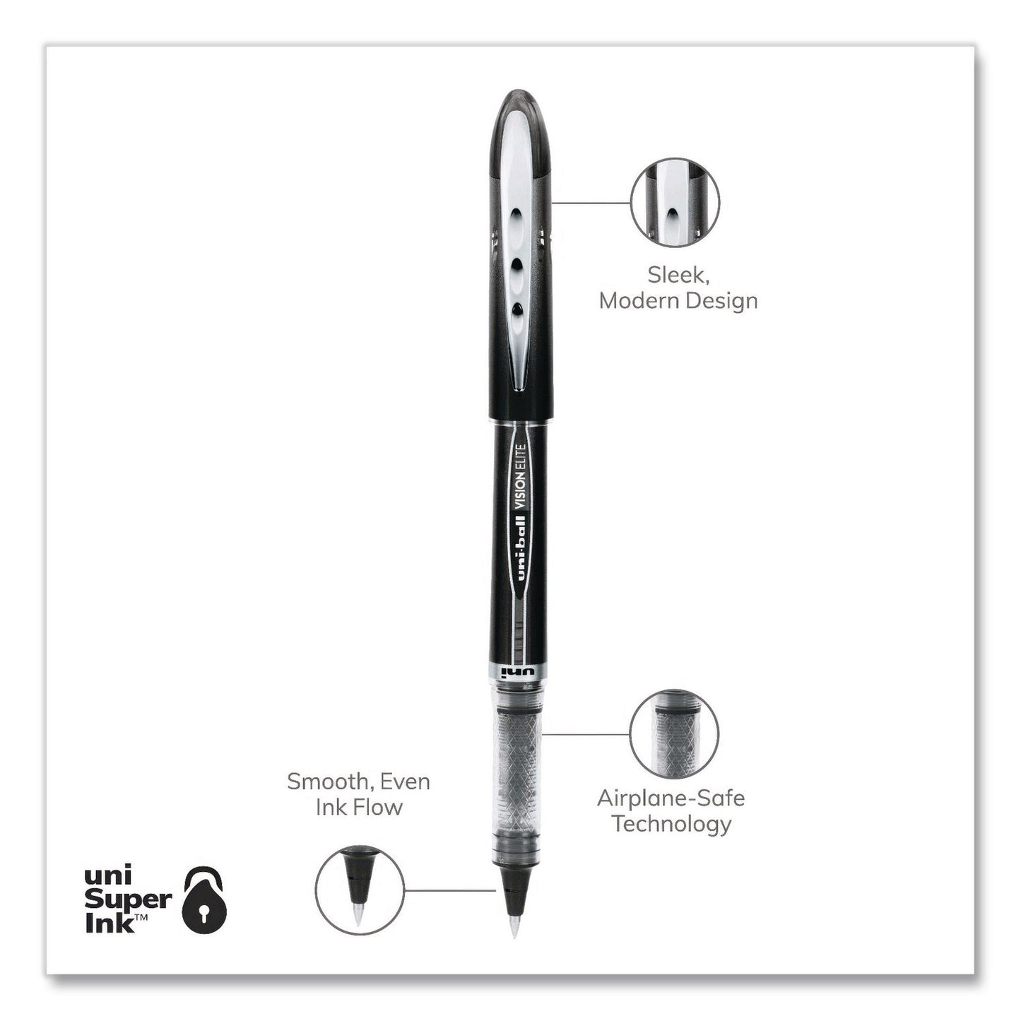 uniball® VISION ELITE Rollerball Pen, Stick, Micro 0.5 mm, Black Ink, Black/Clear Barrel, Dozen (UBC69000DZ)