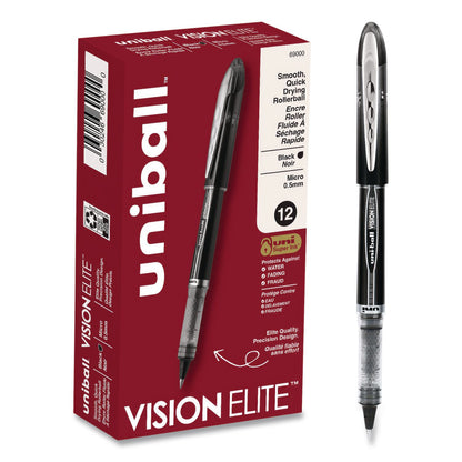 uniball® VISION ELITE Rollerball Pen, Stick, Micro 0.5 mm, Black Ink, Black/Clear Barrel, Dozen (UBC69000DZ)
