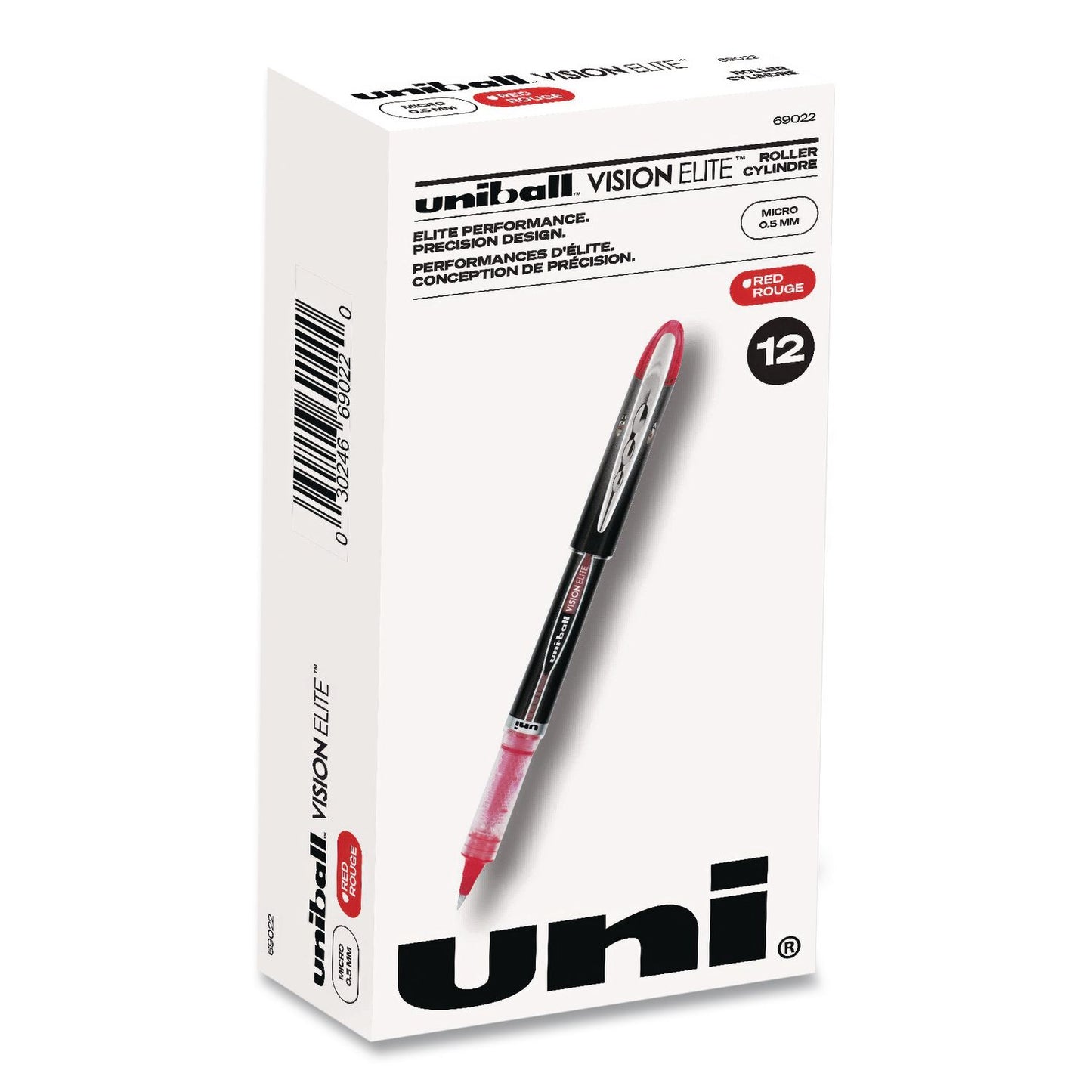 uniball® VISION ELITE Rollerball Pen, Stick, Micro 0.5 mm, Red Ink, Black/Red/Clear Barrel, Dozen (UBC69022DZ)