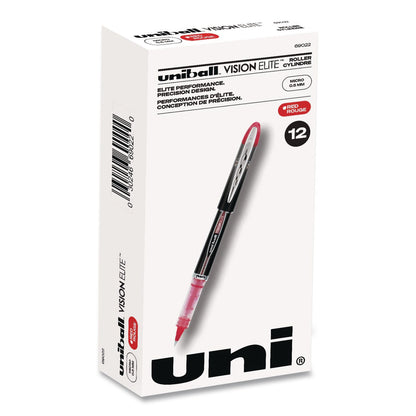 uniball® VISION ELITE Rollerball Pen, Stick, Micro 0.5 mm, Red Ink, Black/Red/Clear Barrel, Dozen (UBC69022DZ)