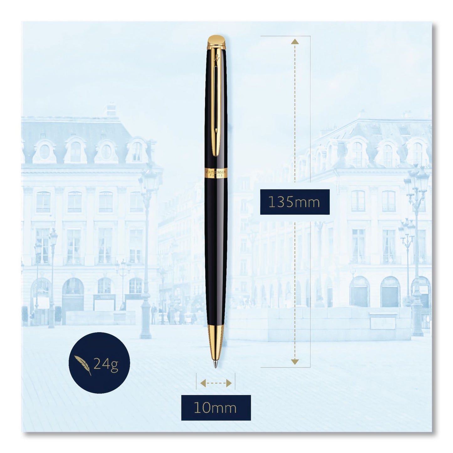 Waterman Hemisphere Ballpoint Pen, Retractable, Medium 1 mm, Blue Ink, Black Lacquered/23-Karat Gold Barrel (WATS0920670)