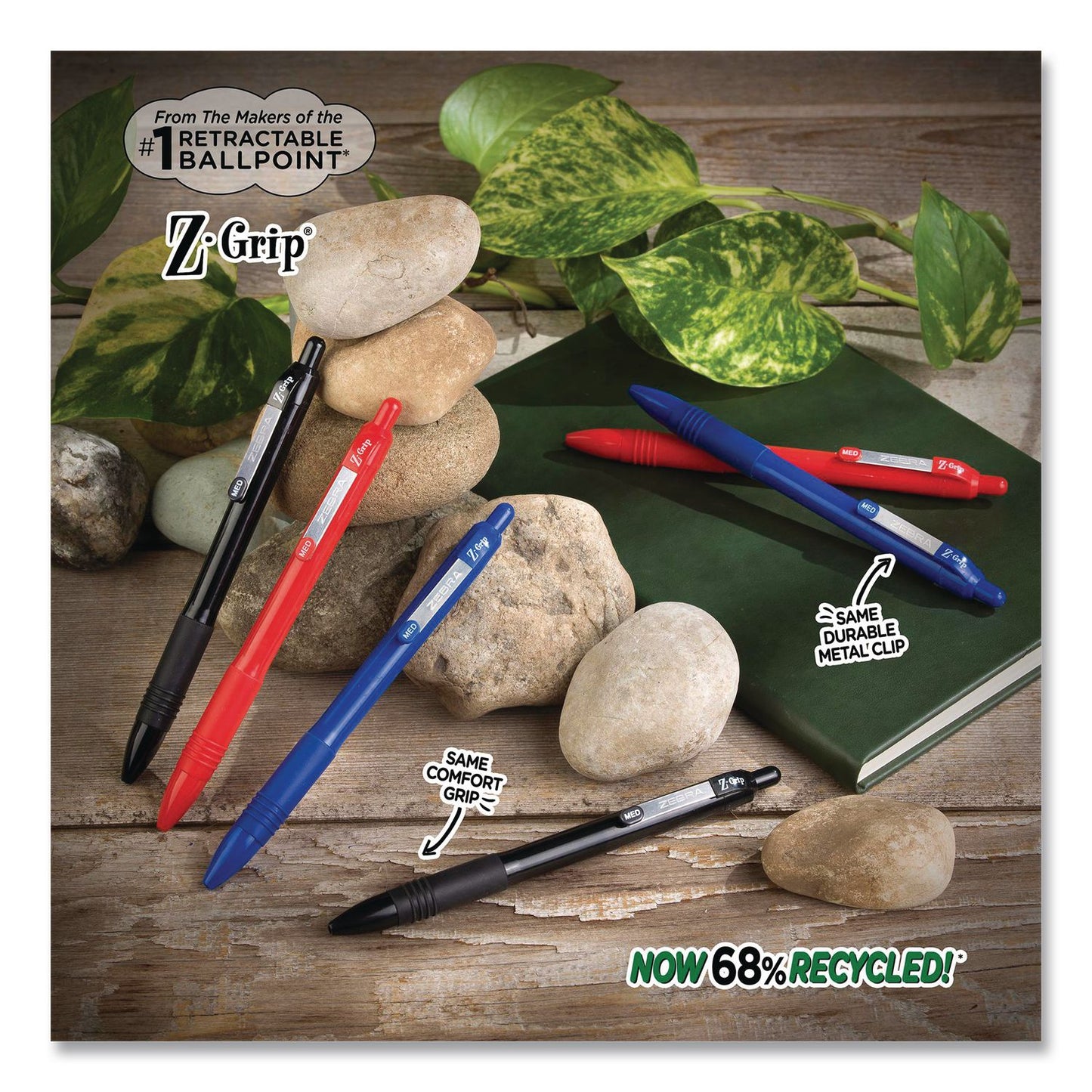 Zebra® Z-Grip Recycled Retractable Ballpoint Pen, Medium 1 mm, Black Ink, Black Barrel, Dozen (ZEB20610)