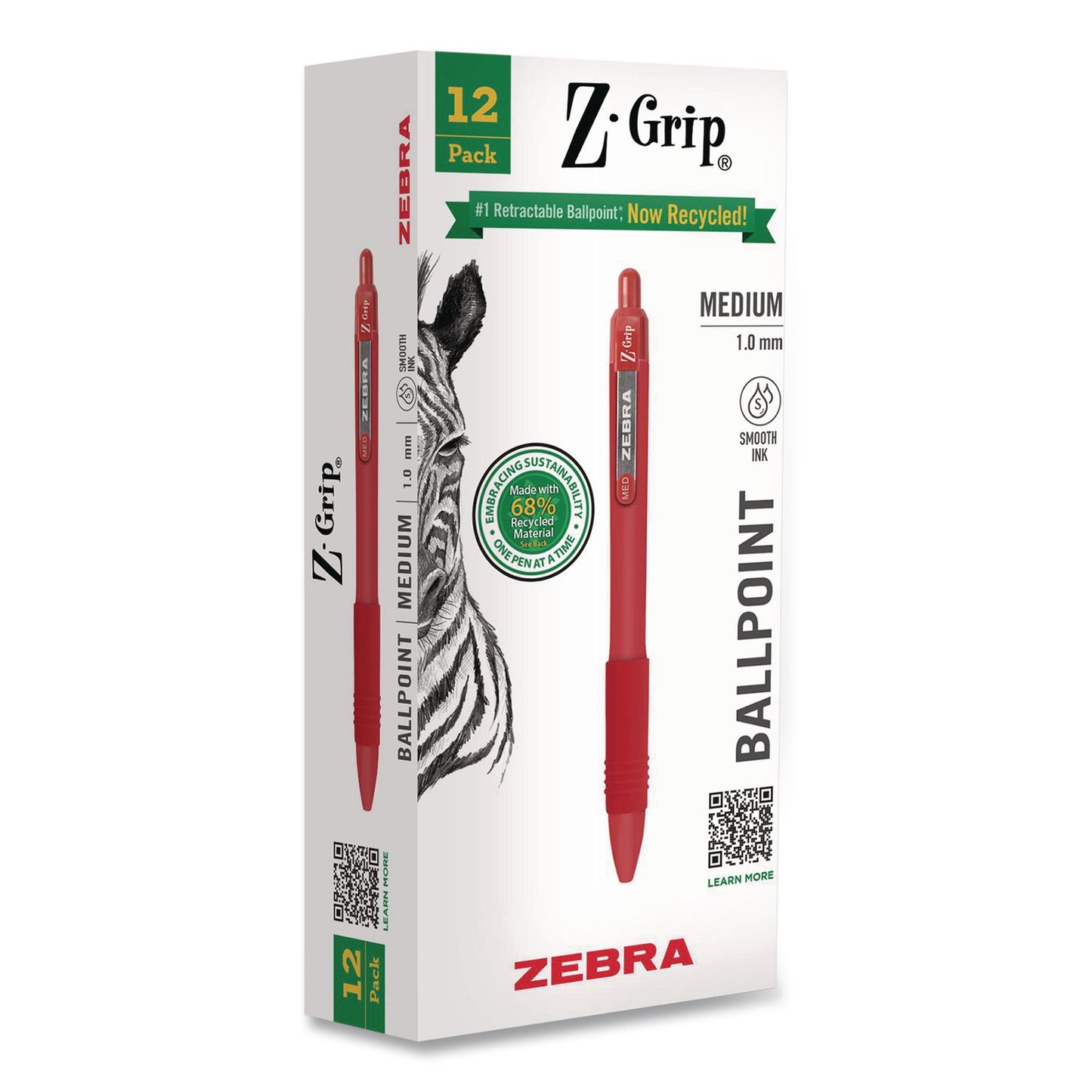 Zebra® Z-Grip Recycled Retractable Ballpoint Pen, Medium 1 mm, Red Ink, Red Barrel, Dozen (ZEB20630)