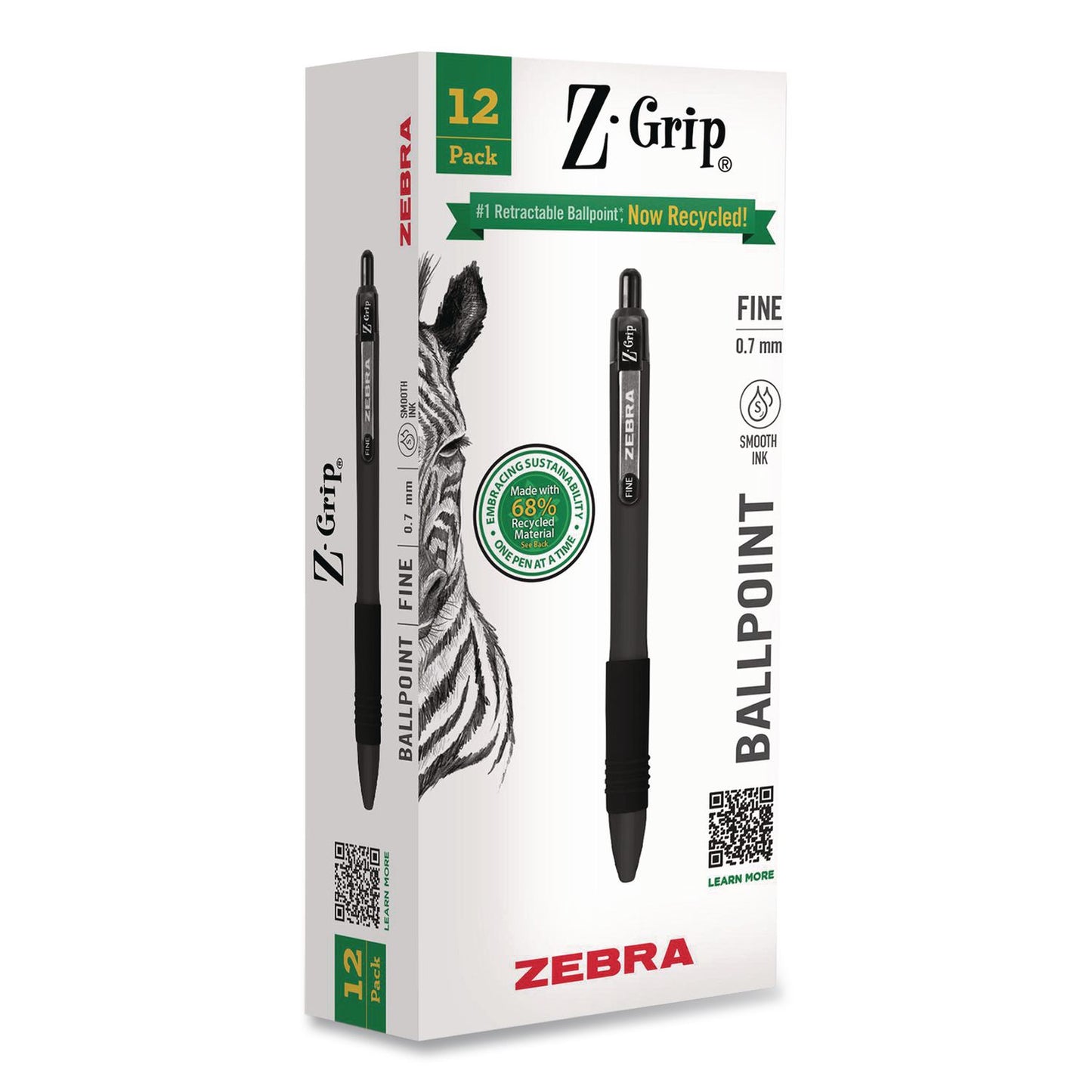 Zebra® Z-Grip Recycled Retractable Ballpoint Pen, Medium 0.7 mm, Black Ink, Black Barrel, Dozen (ZEB20710)