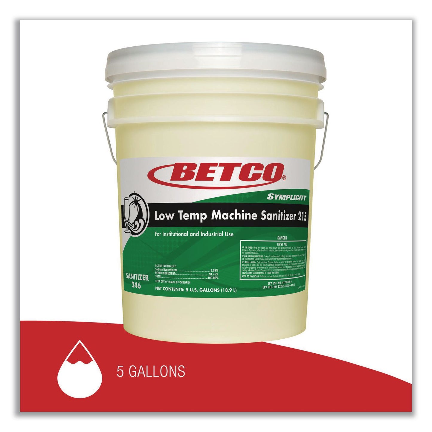 Betco® Symplicity Low Temp Machine Sanitizer, Chlorine Scent, 5 gal Pail (BET2467800)
