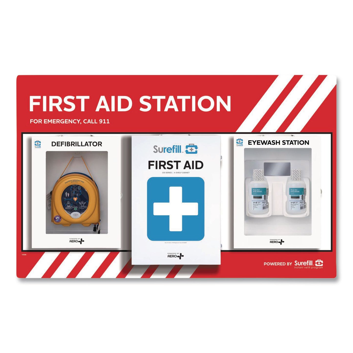SUREFILL™ First Aid Station - First Aid, Eyewash, AED 360P, 4 Pieces, Metal Case (AOHSFFASP2)