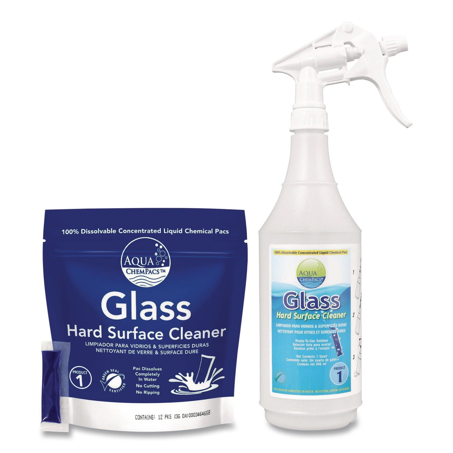Diversey™ Aqua ChemPacs Glass Hard Surface Cleaner Starter Pack with Empty 32 oz Spray Bottle, Lavender-Mint Scent, 12 Chem Pacs/Carton (DVO9320997)