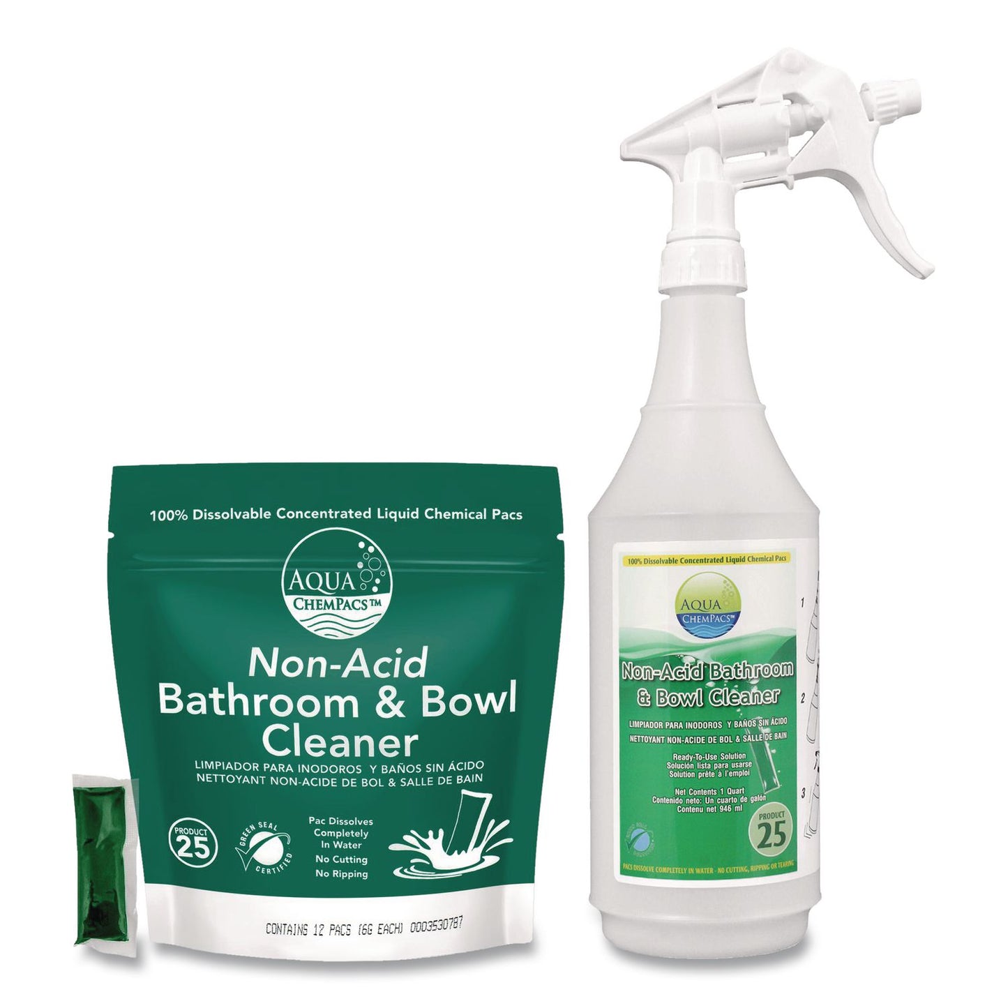 Diversey™ Aqua ChemPacs Non-Acid Bathroom and Bowl Cleaner Starter Pack with Empty 32 oz Spray Bottle, Lavender, 12 ChemPacs/Carton (DVO9321000)