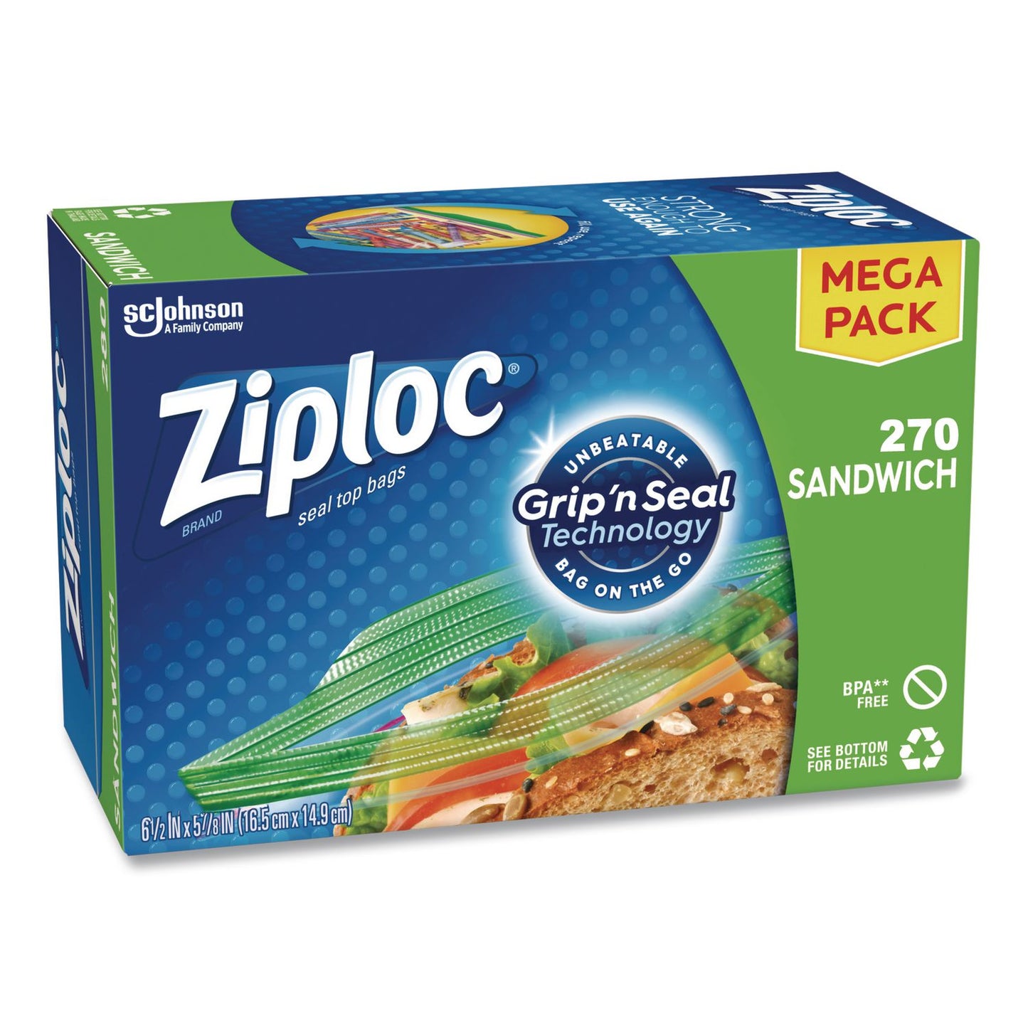 Ziploc® Sandwich Seal Top Bags, 6.5" x 5.88", Clear, 270/Box (SJN383217)
