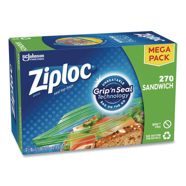 Ziploc® Sandwich Seal Top Bags, 6.5" x 5.88", Clear, 270/Box (SJN383217)