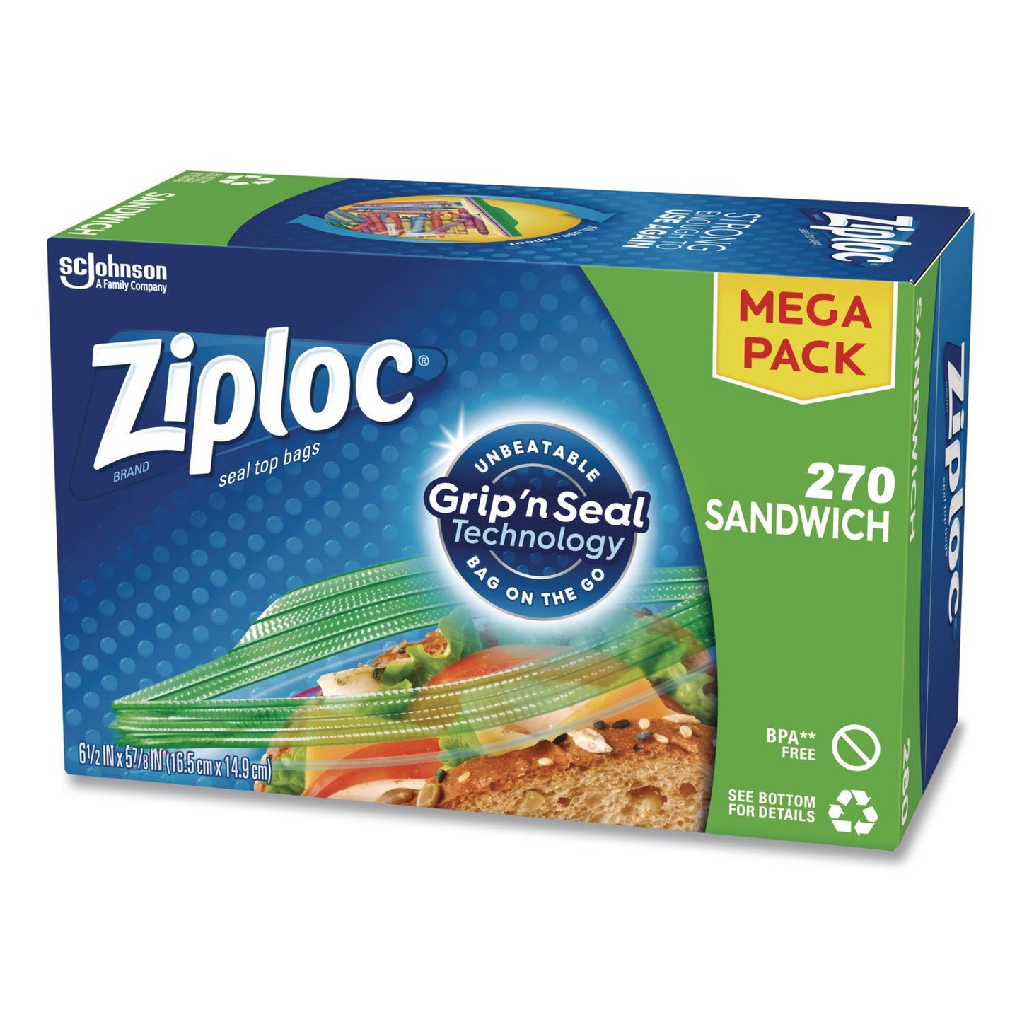 Ziploc® Sandwich Seal Top Bags, 6.5" x 5.88", Clear, 270/Box (SJN383217)