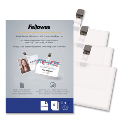 Fellowes® Self-Adhesive Laminating Pouches, With Badge Clips, 5 mil, 3.88 x 2.63, Gloss Clear, 5/Pack (FEL5220701)