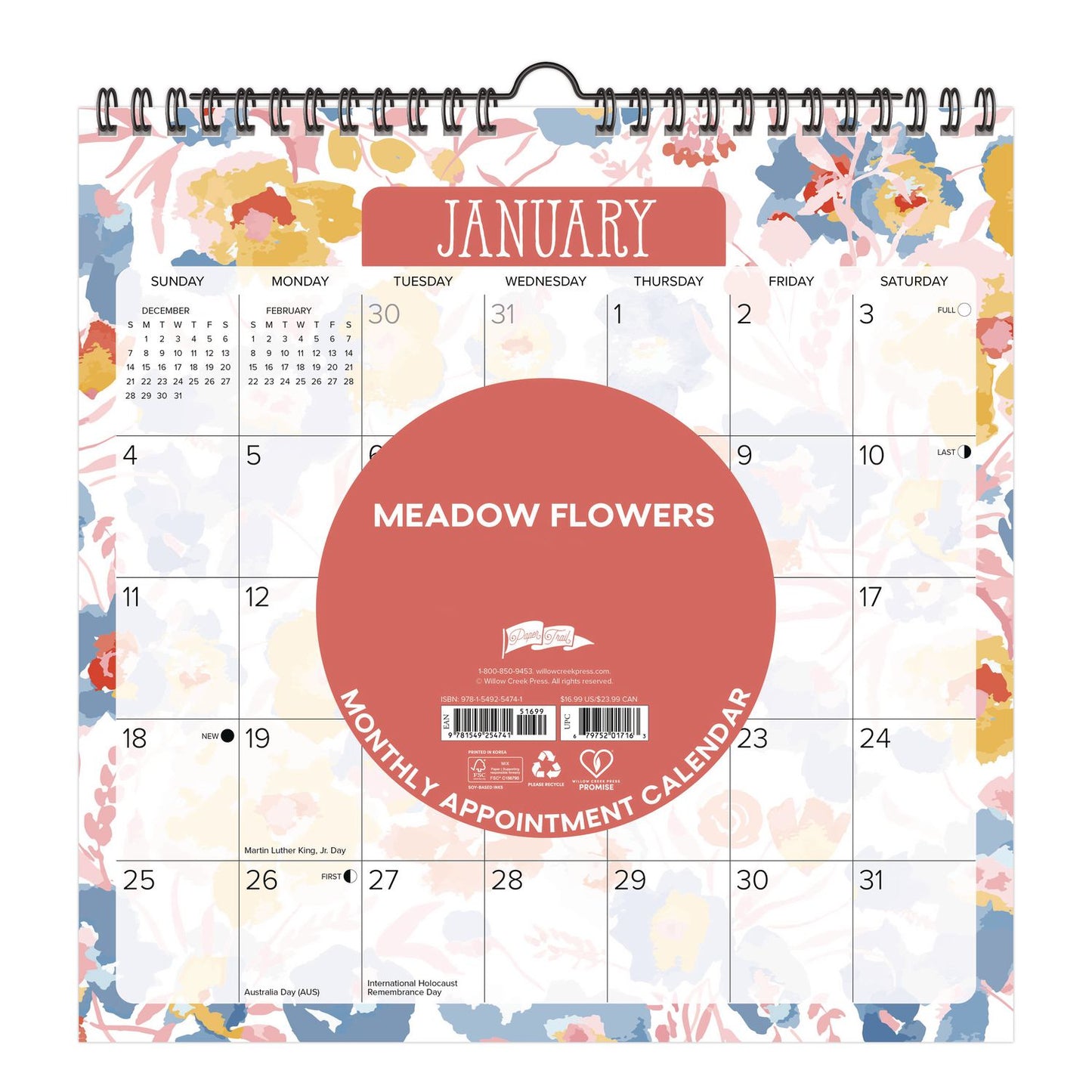 Willow Creek Press Meadow Flowers 2026 Spiral Wall Calendar, Floral Artwork, 12 x 12, Multicolor Sheets, 12-Month (Jan to Dec): 2026 (WPR54741)