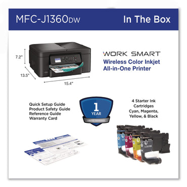 Brother MFCJ1360DW Work Smart 1360 Wireless Color Inkjet AIO Printer, Copy/Print/Scan (BRTMFCJ1360DW)