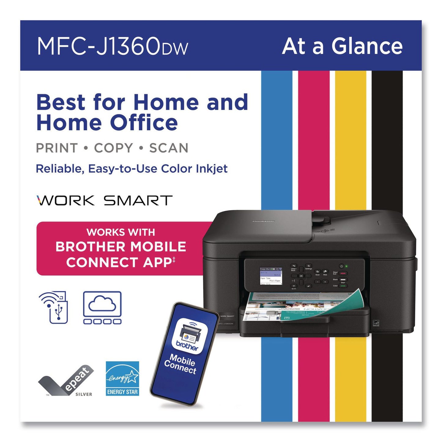 Brother MFCJ1360DW Work Smart 1360 Wireless Color Inkjet AIO Printer, Copy/Print/Scan (BRTMFCJ1360DW)
