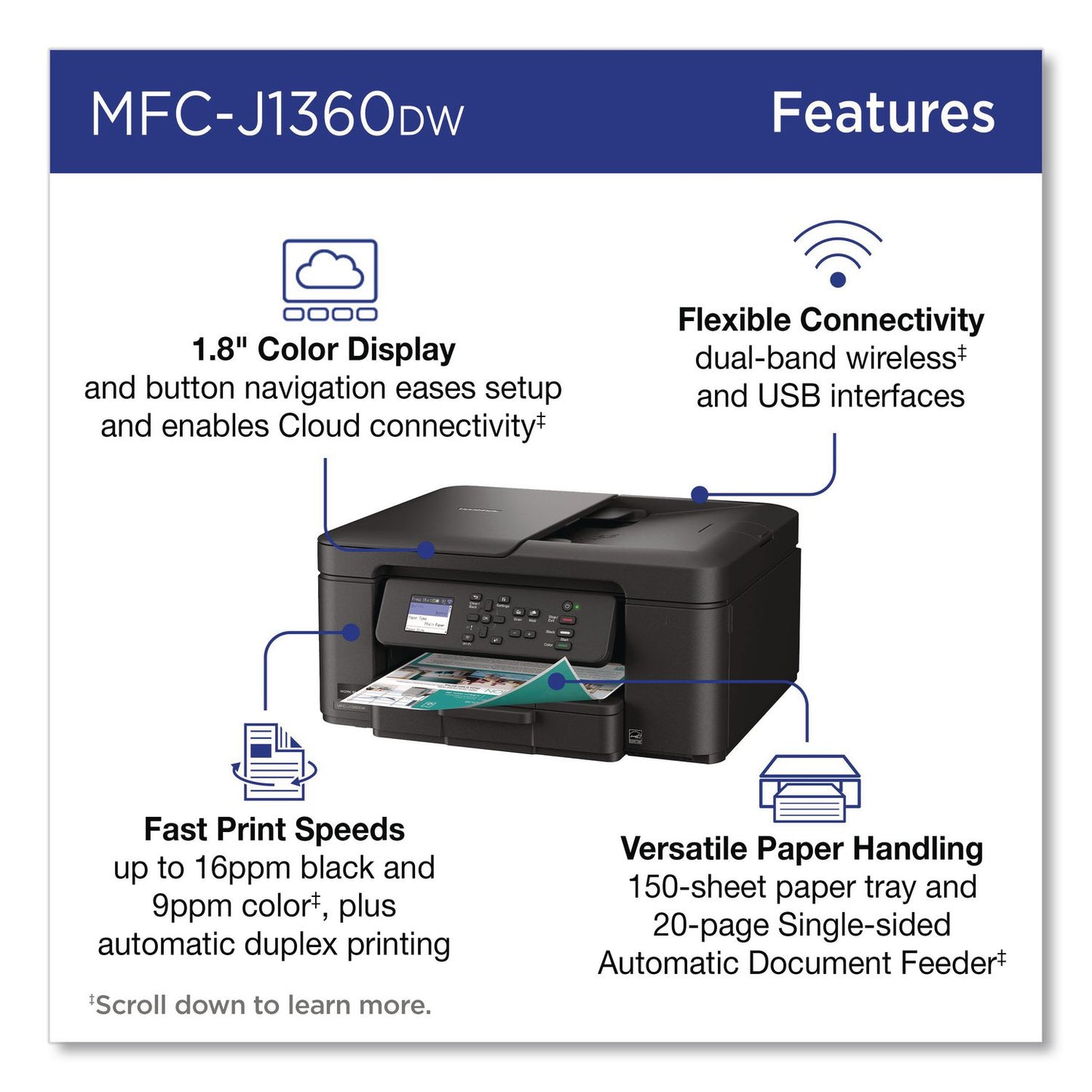 Brother MFCJ1360DW Work Smart 1360 Wireless Color Inkjet AIO Printer, Copy/Print/Scan (BRTMFCJ1360DW)