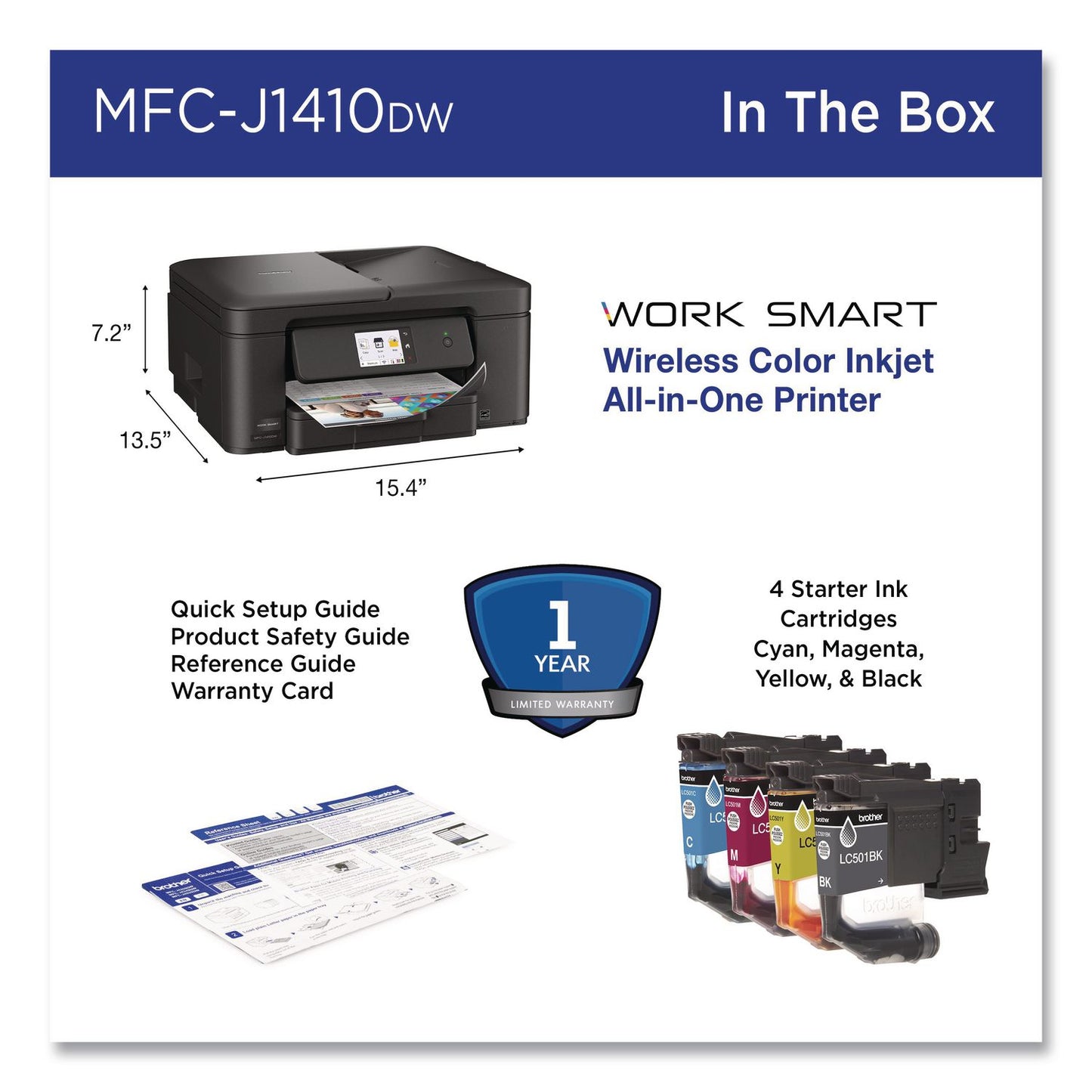 Brother MFCJ1410DW Work Smart 1410 Wireless Color Inkjet AIO Printer, Copy/Print/Scan (BRTMFCJ1410DW)
